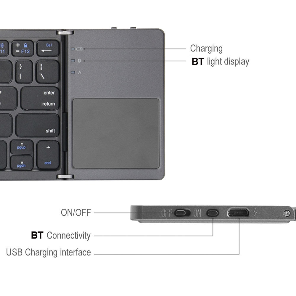 Bærbar foldbar bt russisk engelsk spansk tastatur trådløs genopladelig foldbar touchpad til ios android windows ipad tablet