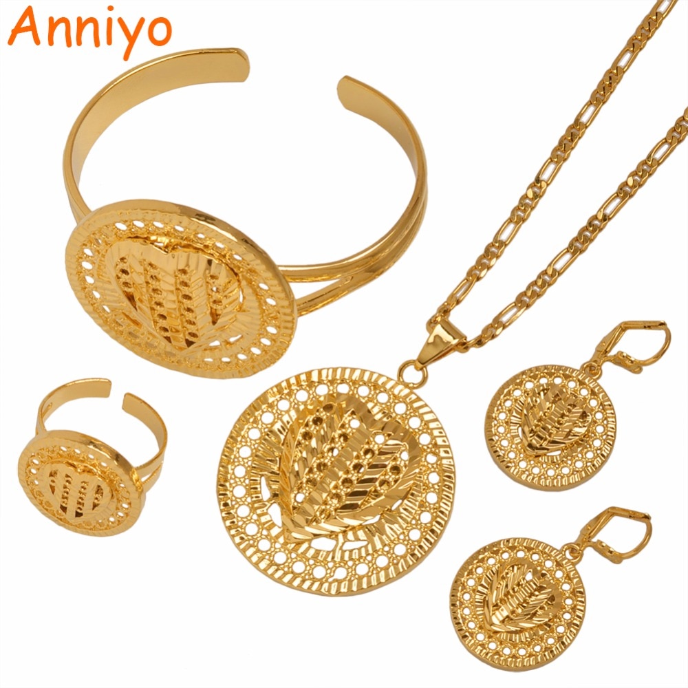 Anniyo serce Dubai biżuteria zestawy etiopskie naszyjniki kolczyki pierścień bransoletka złoty kolor, arabska afrykańska biżuteria ślubna zestawy #101706