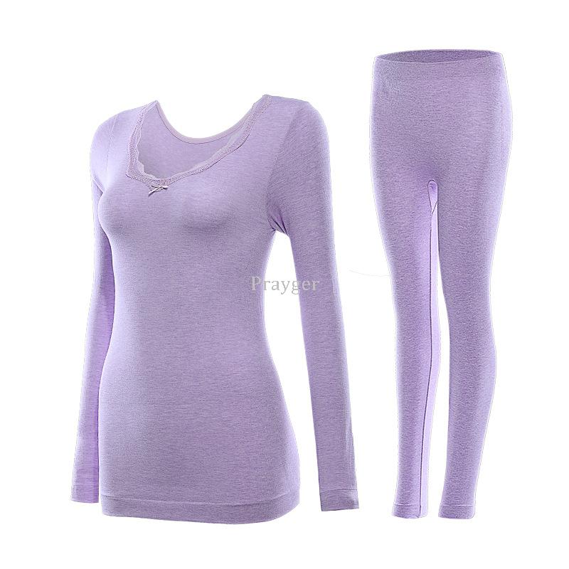 Women Thermal Underwear Body Warm Long Jhons Cotton Thin Slim Sleeves O Neck Tops Buttoms Sets: Purple