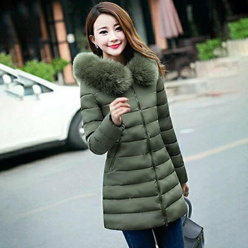 Plus size halflange katoenen bovenkleding winterjassen dames met grote bontkraag ultradunne dikke warme overjas kleding: Legergroen / Xl