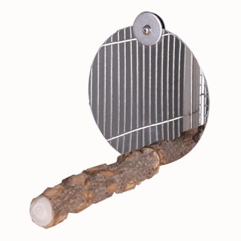 Espejo de acero inoxidable para pájaros con perca, espejo para loros, juguete para patas de pájaros, palo de madera para moler, soporte para juegos, plataforma para juguetes C42