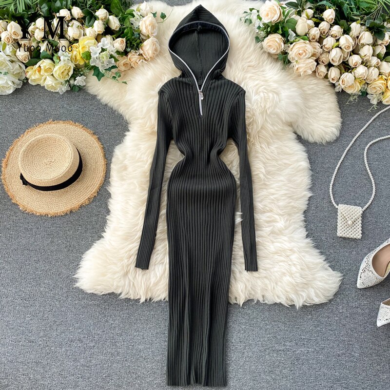 Yuoomuoo Europa Zipper Hooded Gebreide Trui Jurk – Grandado