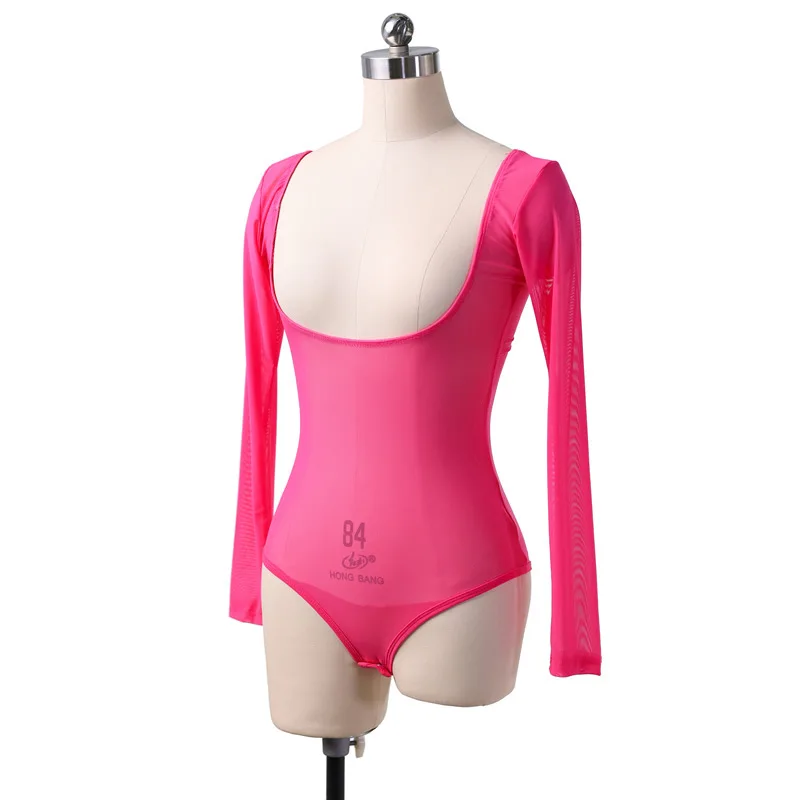 Dames lange mouw doorzichtige mesh pure crop top blouse shirt pull-on bodycon tee danser basiskleding sexy transparant naakt rood: Donkergroen