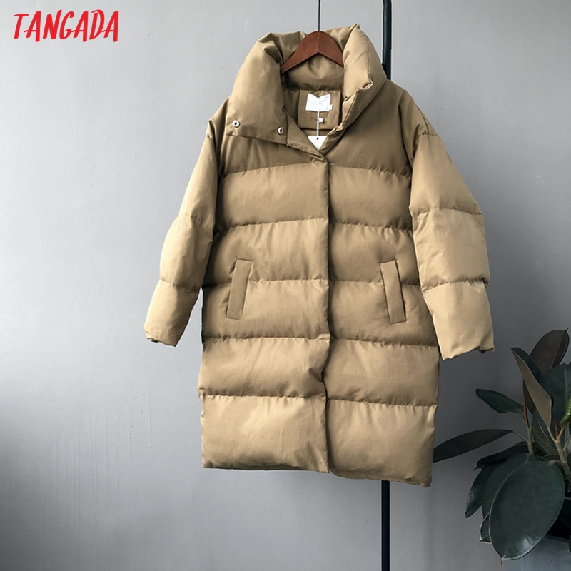Tangada Vrouwen Solid Oversize Lange Parka Dikke Lange Mouw Knoppen Zakken Vrouwelijke Warme Winterjas Koreaanse Mode ATC02: Khaki / M