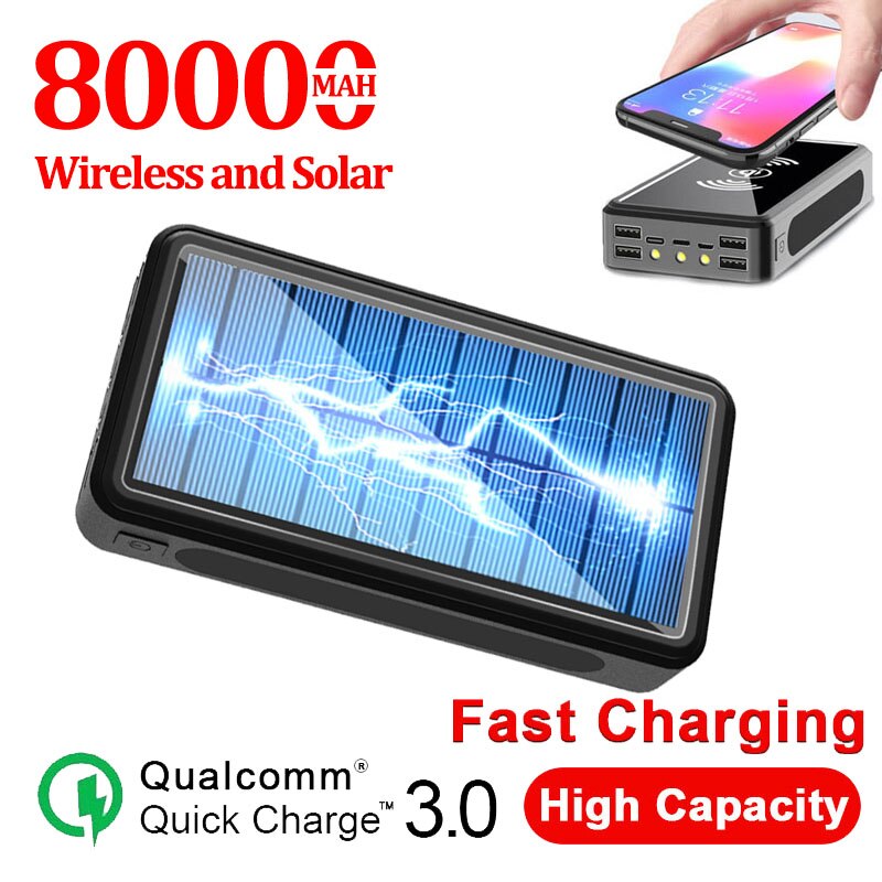 Qi Wireless Power Bank 80000Mah Solar Power Bank 9V 4A Oplader Externe Batterij Bank 4usb Voor Iphone Samsung xiaomi