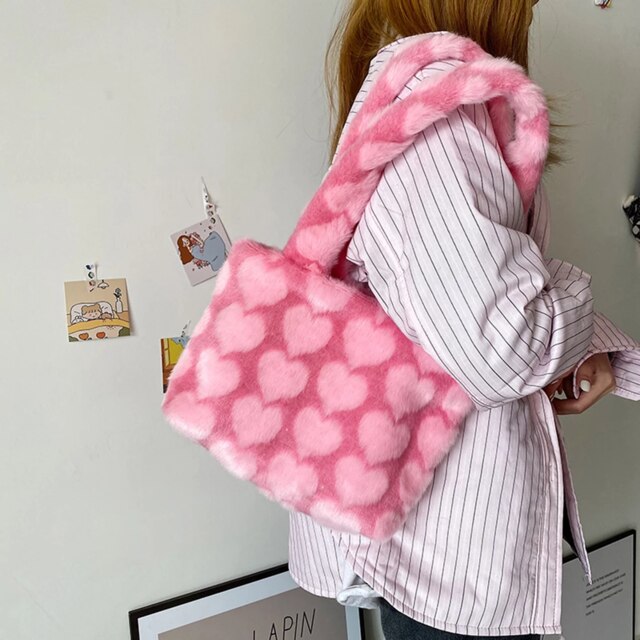 Bolso de hombro esponjoso para mujer, bolsa de hombro con estampado de leopardo, cebra, cuadros, corazón de amor, suave, de felpa, cálido,