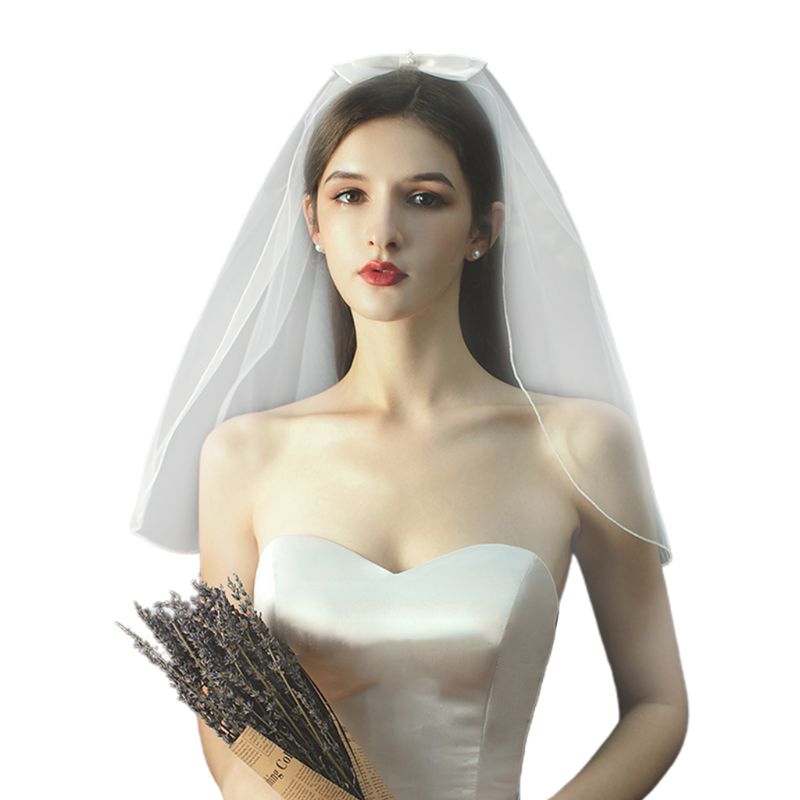 Women 1 Tier Short Tulle Wedding Veil Faux Pearl Beaded Bowknot Bridal Headdress E15E