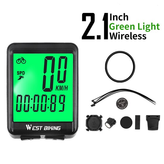 WEST BIKING Waterproof Bicycle Computer WirelessWired MTB Bike Cycling Odometer Stopwatch Speedometer Watch LED Digital Rate: Green Light-Wireless