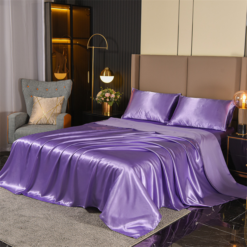 Satin Bed Sheets, Queen Size Sheets Set, 4 Pcs Silky Bedding Set 1 Deep Pocket Fitted Sheet + 1 Flat Sheet + 2 Pillowcases: Full / PURPLE