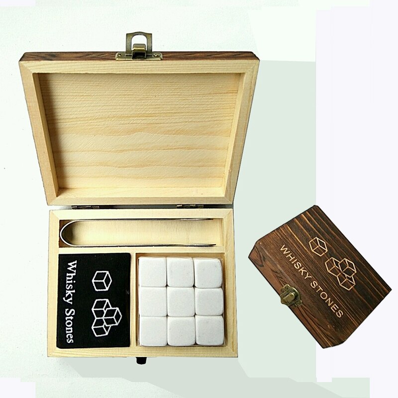 9Pcs Whisky Ice Stones with Wooden Box& Velvet Bag Wine Drinks Cooler Cubes Whisky Stone Granite Pouch Reusable Cubes Granite: White with box