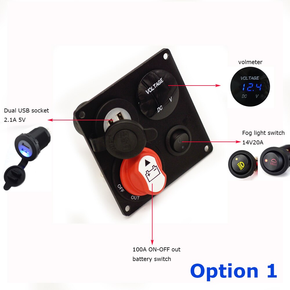 Jtron voiture interrupteur panneau DC12-24V universel batterie commutateur 100A double USB chargeur de voiture volmètre commutateur panneau pour voiture bateau RV truch: option 1