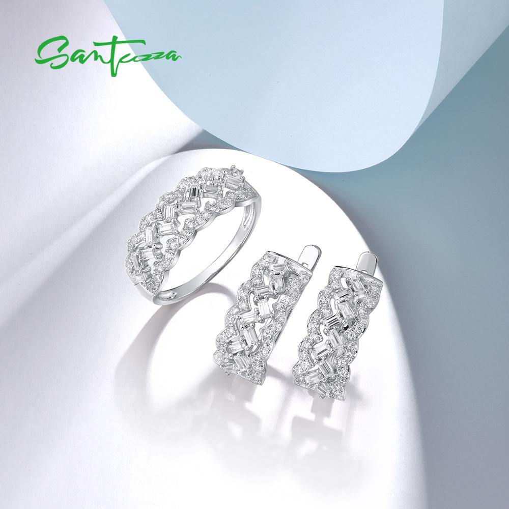 SANTUZZA Jewelry Set For Women Genuine 925 Sterling Silver Sparkling White Cubic Zirconia Earrings Ring Set Party Fine Jewelry