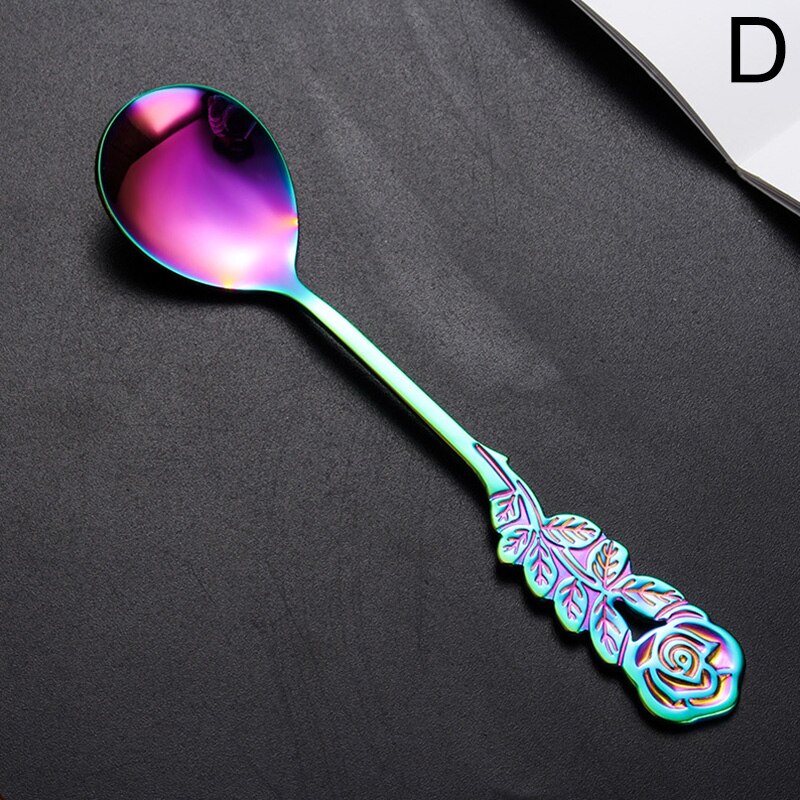Kitchen Gadgets Ice Cream Tea Spoons Stainless Steel Cute Stirring Spoon Coffee Spoon Rose Colorful Dining Bar Tools Accessories: D