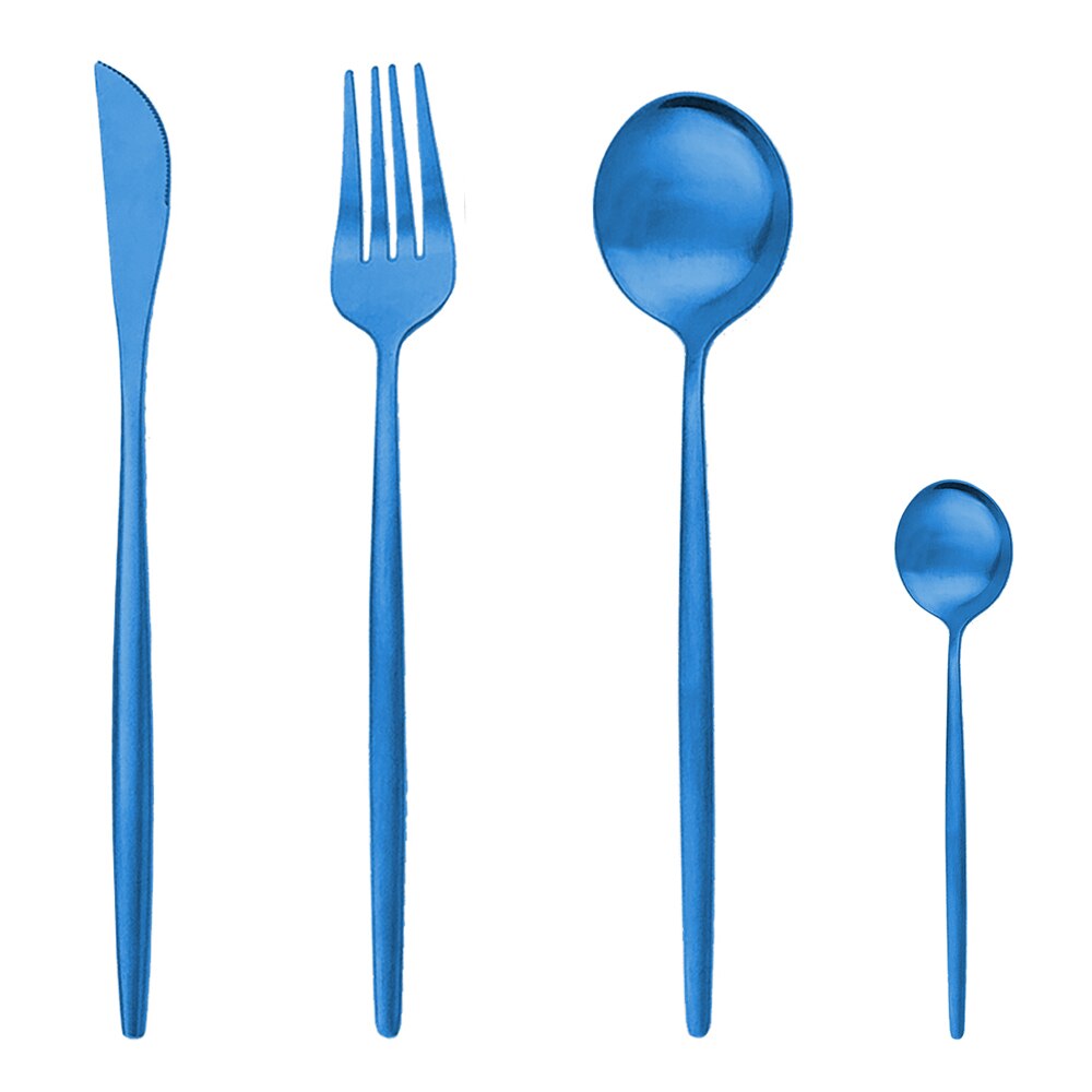 16pcs Western Black Gold Dinnerware Flatware Set Kitchen Knife Fork Spoon Cutlery Set 304 Stainless Steel Matte Silverware Set: Blue