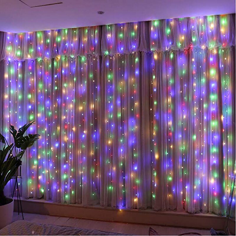 Cadena de luces alimentadas por USB para cortina, luces tipo Hada a prueba de agua, 8 modos de iluminación, luces de Control remoto para Navidad, dormitorio,: Multicolor / 3m x 2m