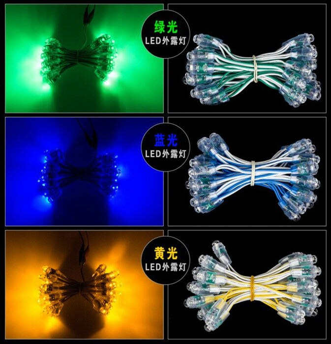Led reklame brevkæde lampe / led pixel modul lys, enkelt farve, diameter 9mm,  dip led, vandtæt , dc5v, 500 stk/parti