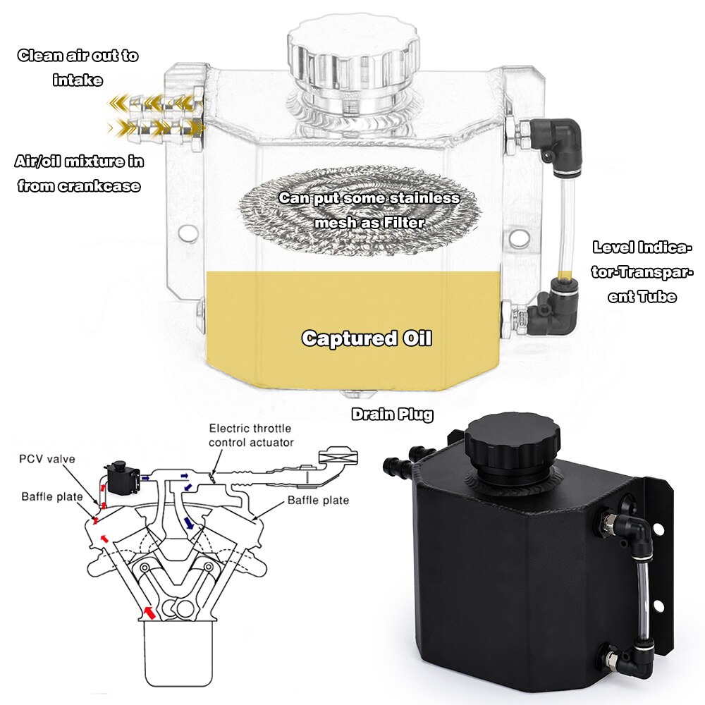 LZONE - Universal 1L Aluminum Oil Catch Can Reservoir Tank With Drain Plug Breather Oil Tank Fuel Tank JR-TK57