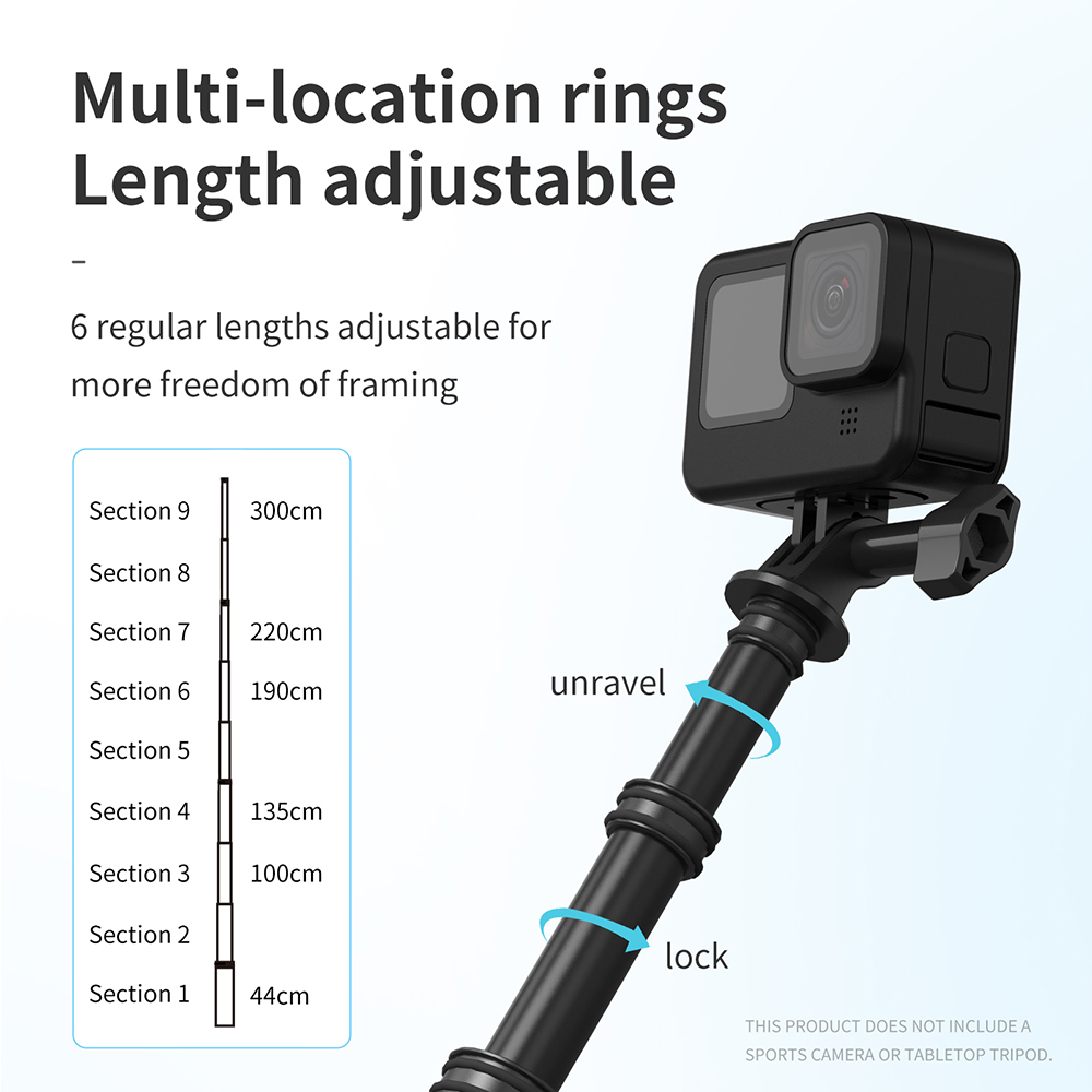TELESIN 3M Ultra-Long Monopod Carbon Fiber 2.7M Selfie Stick For GoPro Hero 10 9 8 7 6 5 4 Max Insta360 One X2/ X/R Osmo Action
