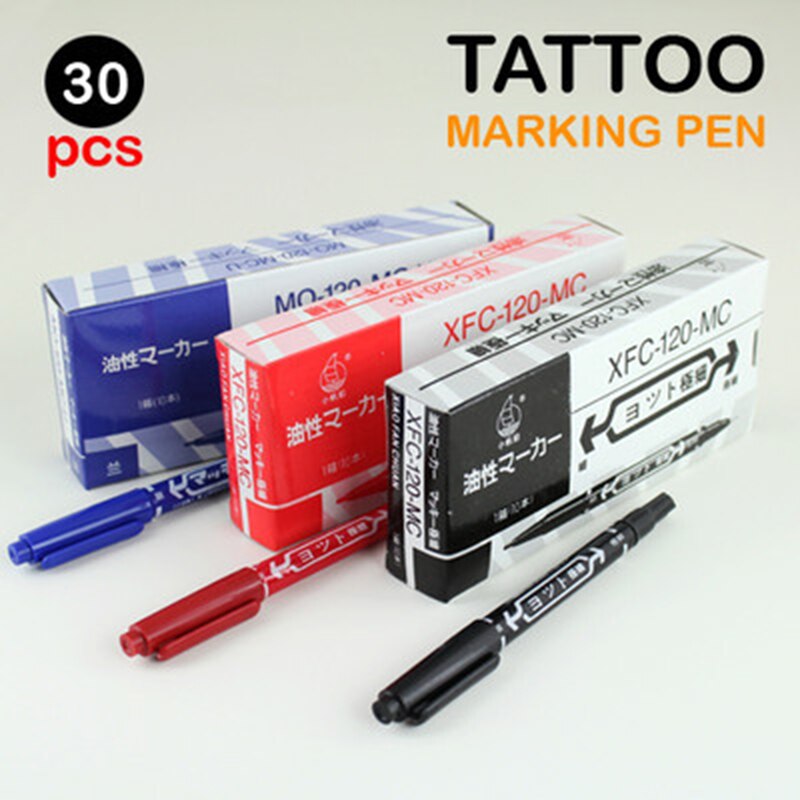 30 pcs Dual-Tip Diverse Tattoo Skin Marking Pen Marker Piercing Scribe Tool (10 stuks Zwart, 10 stuks Blauw, 10 stuks Rood)
