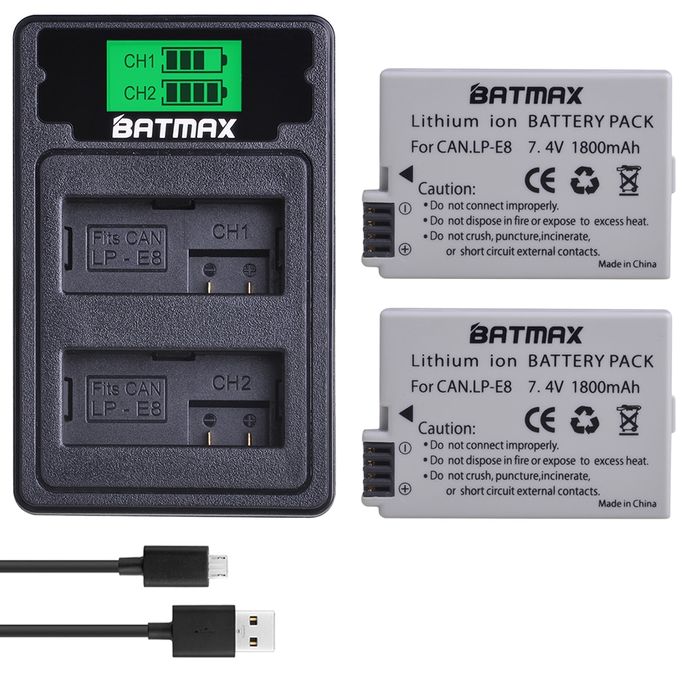 Batmax LPE8 LP-E8 LP E8 Battery+LCD USB Dual Charger with Type C Port for Canon EOS 550D 600D 650D 700D Rebel T2i T3i T4i T5i