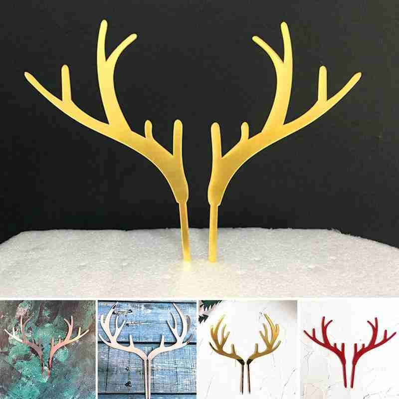 Golden Elk Antler Cake Topper Dessert Decoration Wedding DIY Party Supplies Baby Birthday Party Christmas Decoration