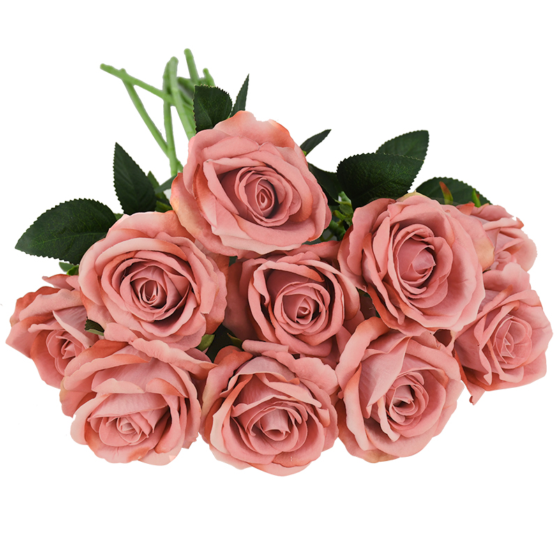 10 stk real touch rose blomster flannel blomster buket enkelt hoved rose kunstige blomster bundt til bryllup dekoration boligindretning: F05