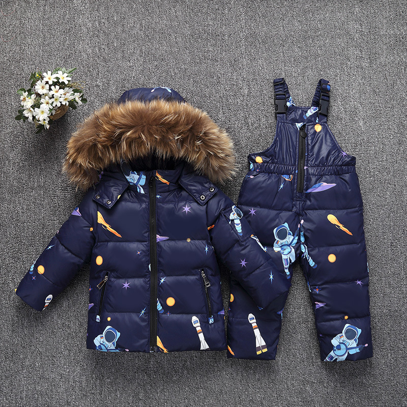 Bébé hiver doudoune ensemble enfants garçons filles 2 pièces manteau pantalon costumes bébé à capuche avec de la fourrure épaissir Ski neige chaude salopette vêtements: Navy / 9M