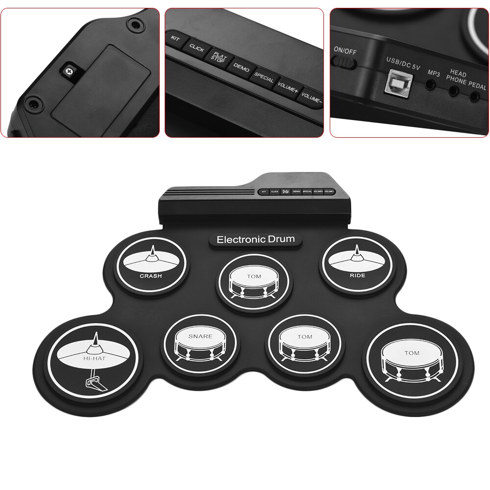 Compact Size Usb Roll-Up Silicon Drum Set Digitale Elektronische Drum Kit 7 Drum Pads Met Drumsticks Voet Pedalen voor Beginners