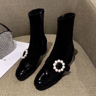 Boots Ladies Woman Round Toe Platform Flats Pearl Short Boots For Women Fabric Stretch Ankle Boot Low Heel: Black Autumn / 38