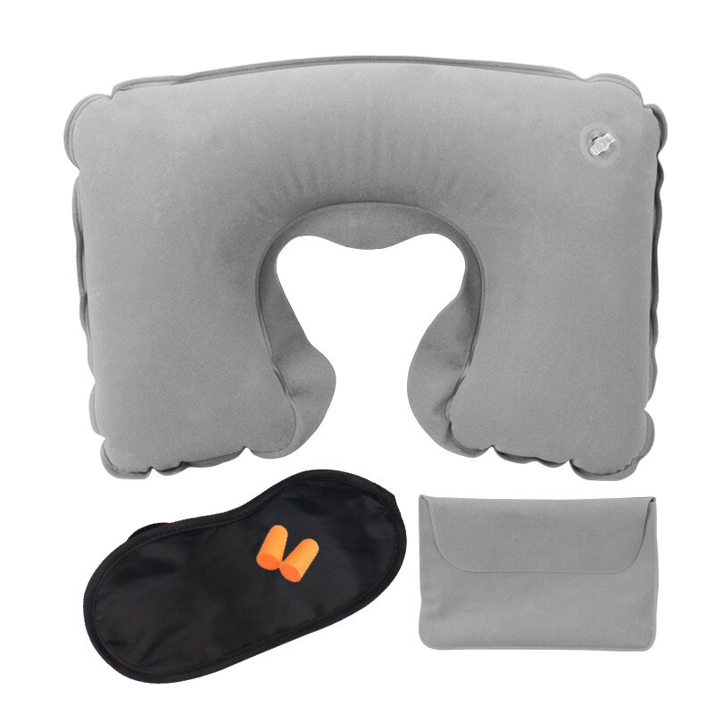 1 Set PVC Flocking Pillow Portable Travel Accessories Inflatable Neck Pillow U Shape Blow Up Neck Cushion Eye mask earplug: gray