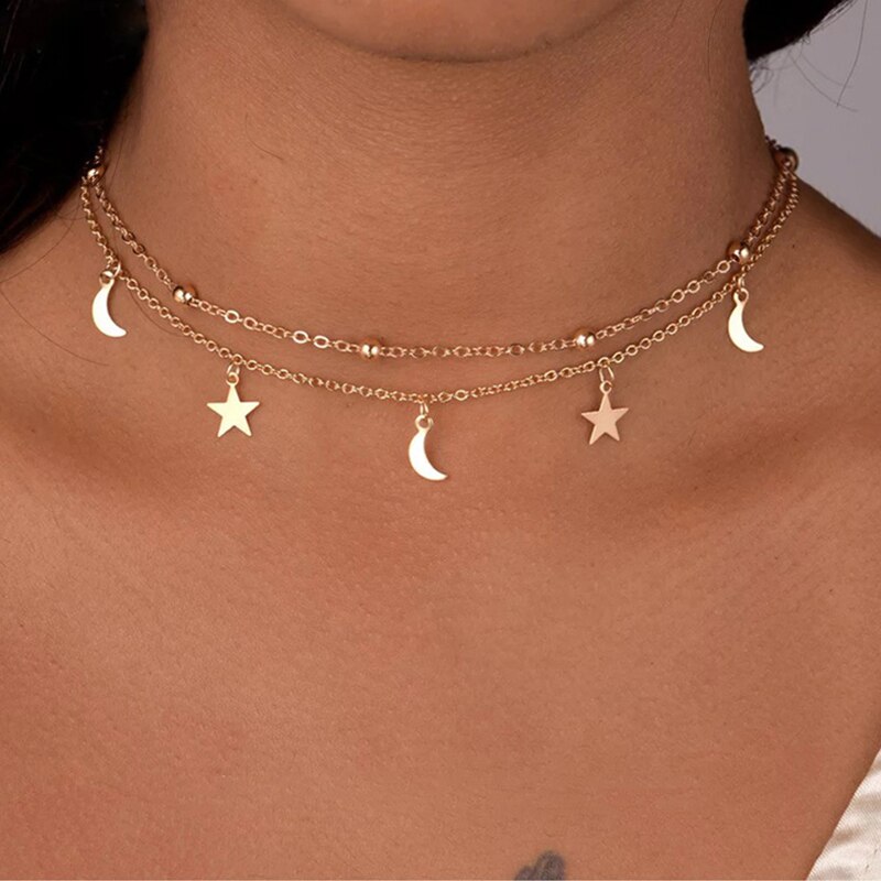 Dainty Eenvoudige Gouden Kleur Moon Star Ketting Dubbele Laag Kralen Kwastje Sleutelbeen Ketting Choker Voor Vrouwen Romantische Boho Sieraden