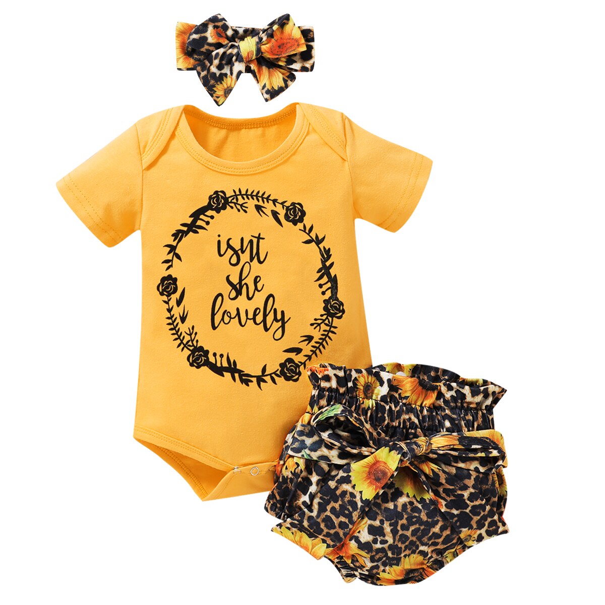 Conjunto de ropa de 0-18M para bebés y niñas, conjunto de 3 uds. De manga corta de girasoles con estampado de leopardo, Tops + Pantalones cortos + diadema