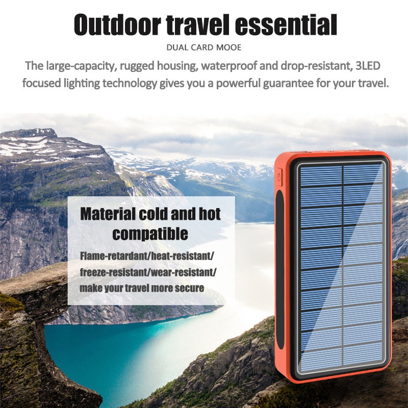 Panneau solaire de banque d'énergie solaire de 80000mAh pour Xiaomi Samsung IPhone imperméable et antipoussière chargeur extérieur de lumière de secours 3 LED