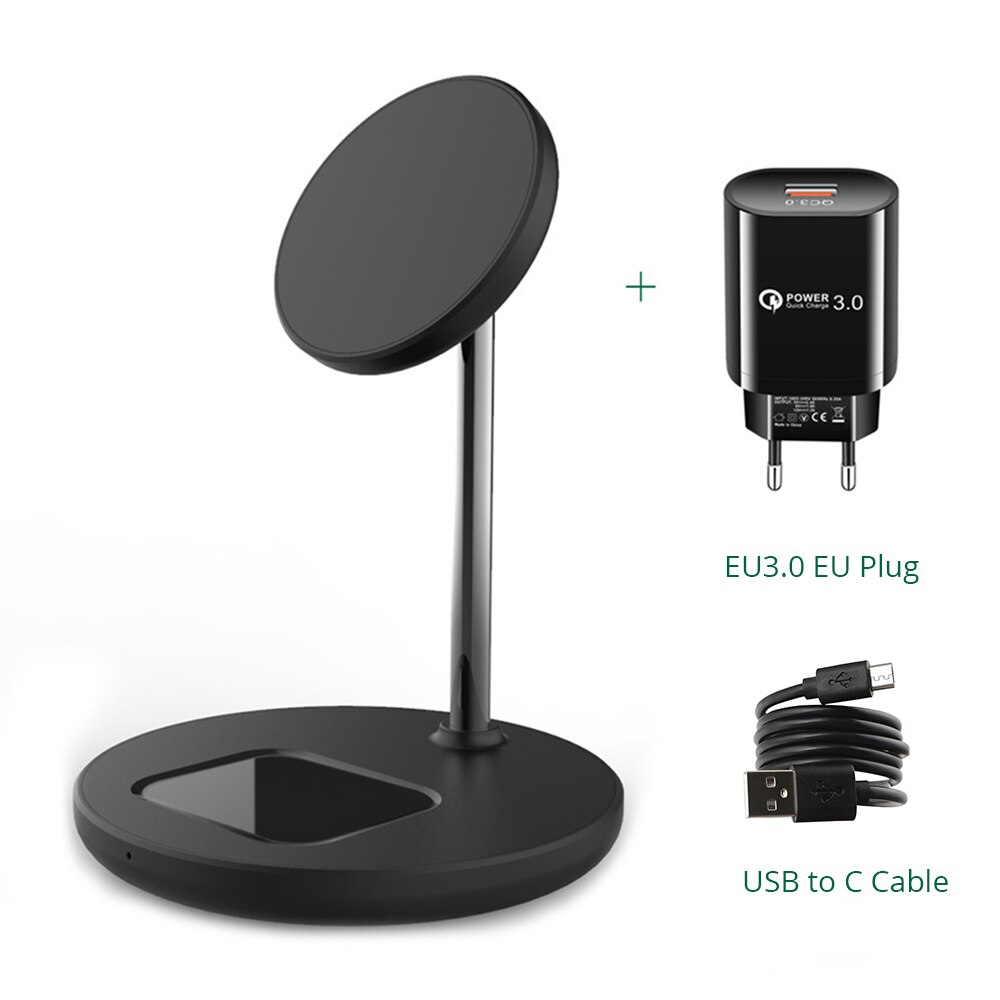 Magnetic Wireless Charger 2 in 1 Stand For iPhone 13/12 Pro/11/X Desktop Phone Holder 15W Qi Wireless Charging For Airpods 2 3: Black EU Plug