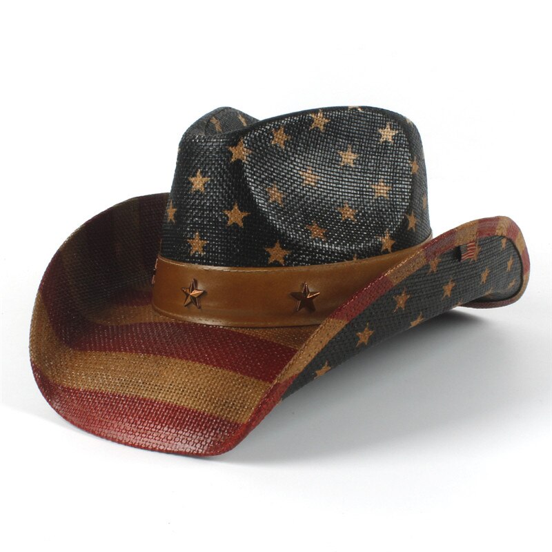 Cowboy hatte kvinder mænd western cowboy hat til far gentleman lady læder sombrero hombre jazz caps størrelse 58cm: C7 usa flag
