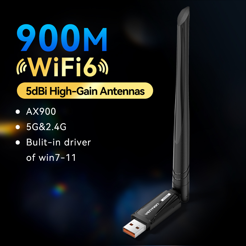 Vention WiFi Adapter AX900 WiFi6/5 5GHz&2.4GHz USB WiFi Dongle Antenna for Desktop Laptop USB Wireless Ethernet Network Card: black