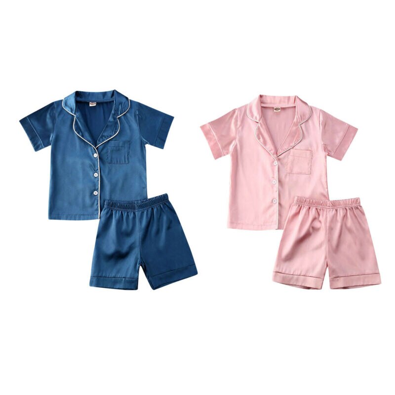 Pyjama en soie pour enfants | Ensemble de vêtements de nuit à manches courtes, chemise + Shorts, rose et bleu, tenue de nuit, 0-6ans,