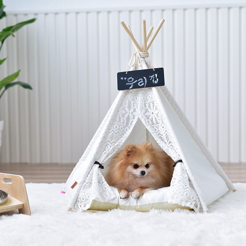 White lace canvas dog teepee without cushion 24" Tall