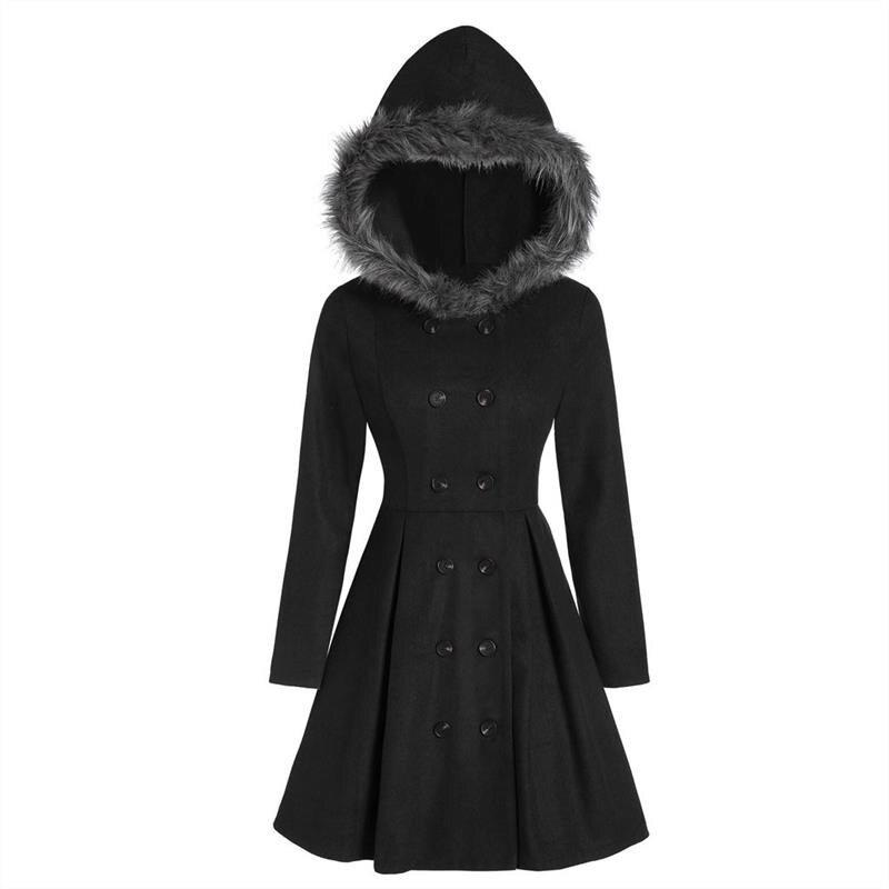 Middeleeuwse imitatiebont wollen jas met capuchon voor dames, winterjas, zwarte staande kraag, gothic jas, winterjas met dubbele rij knopen, gothic lange jas: Hjs 00657 / M
