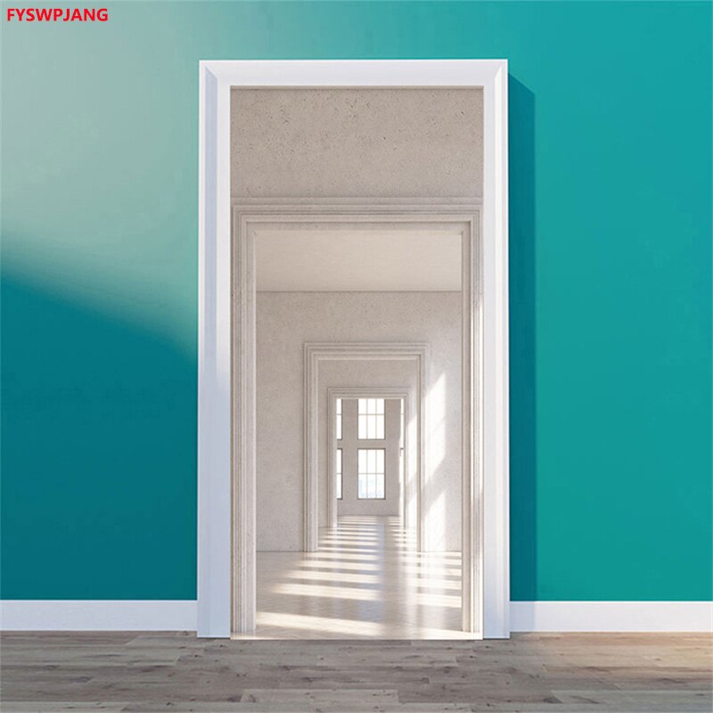 Ciudad vista simulación 3D puerta pegatina Diy impermeable PVC Mural decoración película hogar puerta decoración impresión Modular autoadhesivo cartel adesivo de porta madeira decoração para casa papel parede adesivos