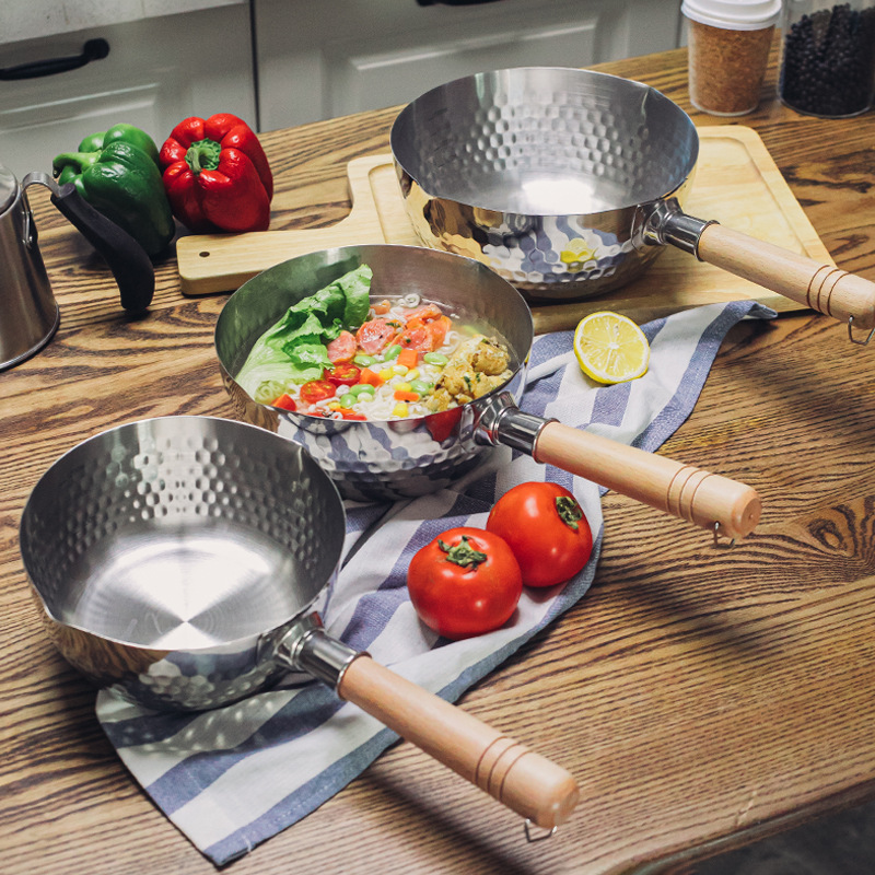 Padella in acciaio inossidabile Padella da neve giapponese Manico in legno Coperchio Pentole per stufato Frittura Wok Pentola per latte Utensili da cucina Pentole pratiche