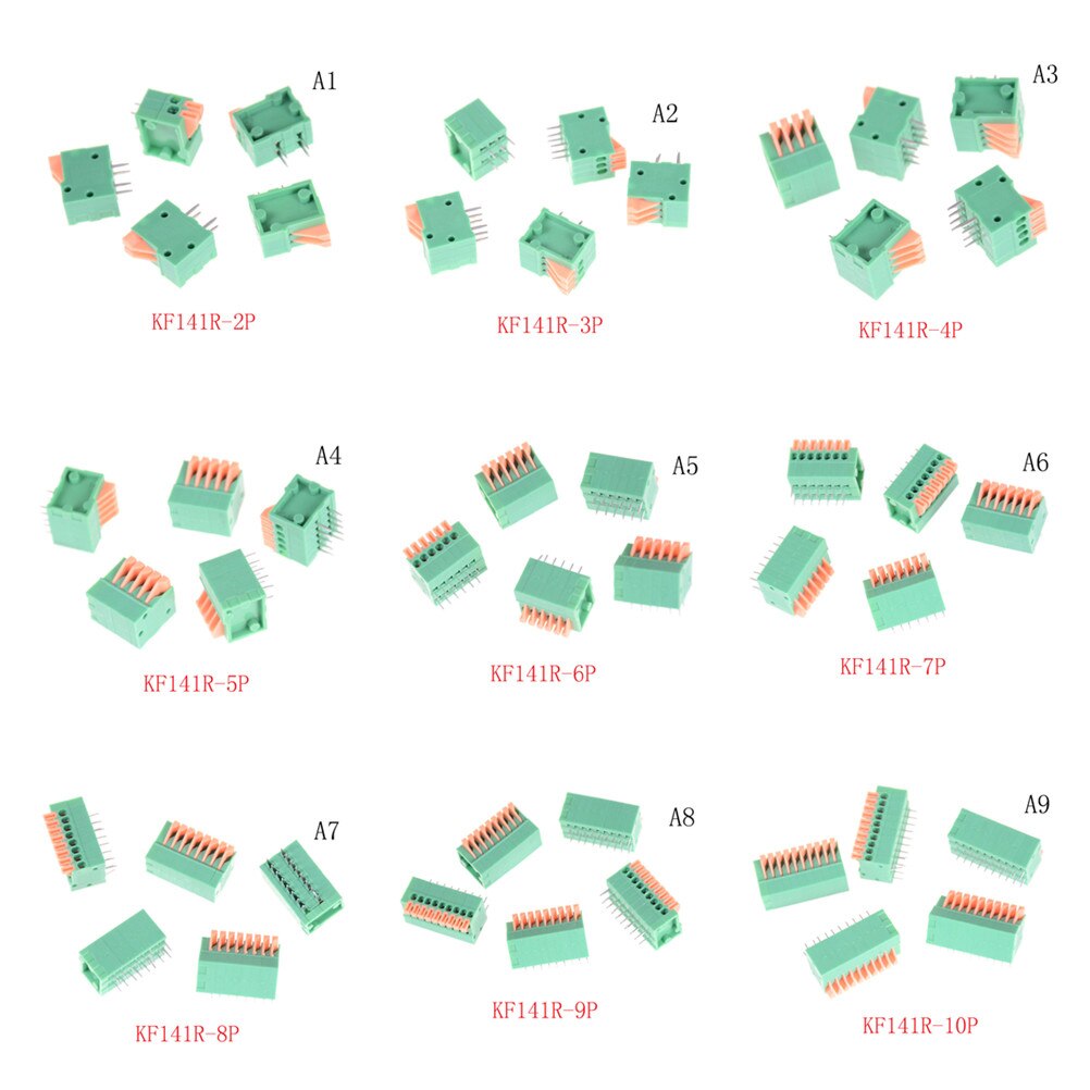 5 uds JETTING 2/3/4/5/6/7/8/9/10P KF141R KF141V 2,54mm conectores de paso PCB resorte bloque de Terminal verde de cobre flexible