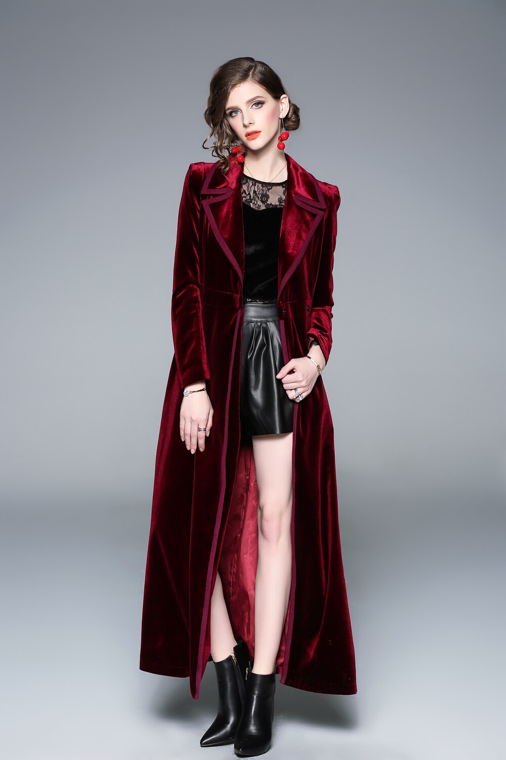 Abrigo largo de terciopelo con cuello de solapa para mujer, abrigo rojo , temperamento Noble, prendas de vestir, novedad, invierno,: HLW9005 Red / M