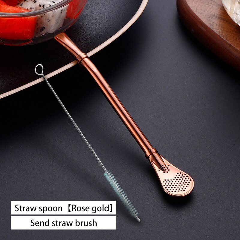 VandHome-pajita para beber, cuchara de acero inoxidable para bebidas, pajilla reutilizable, filtro de paja de té Mate, accesorios para Bar y: Rose Gold