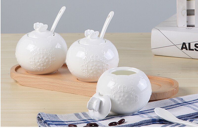 Tazón de azúcar de porcelana en relieve blanco liso con cuchara, contenedor de azúcar, tarro de azúcar, dispensador de azúcar de cerámica, tarro de sucrier con cuchara