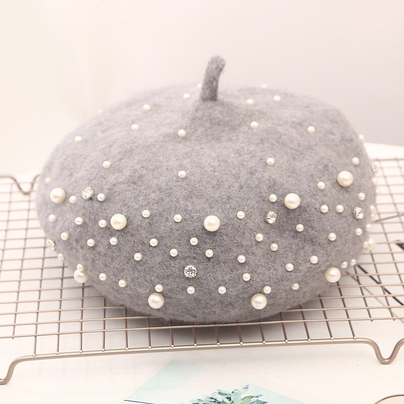 Vinter ull beret med rhinestone perler perler kvinnelig lue høst vårlue kvinner ensfarget caps i fransk stil: Grå