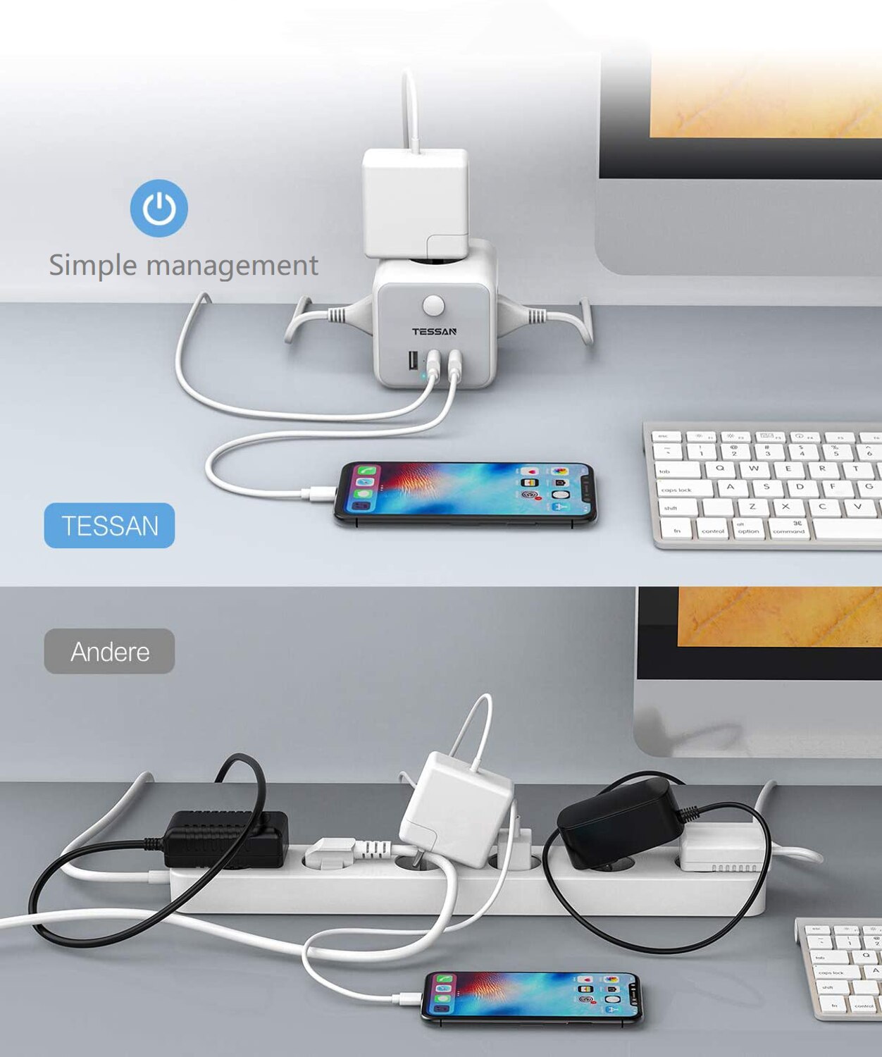 TESSAN Power Strip EU Socket Travel Power Strip with 3 AC Outlets and 3 USB Charging Ports On/Off Switch 1.5m/5ft Extension Cord