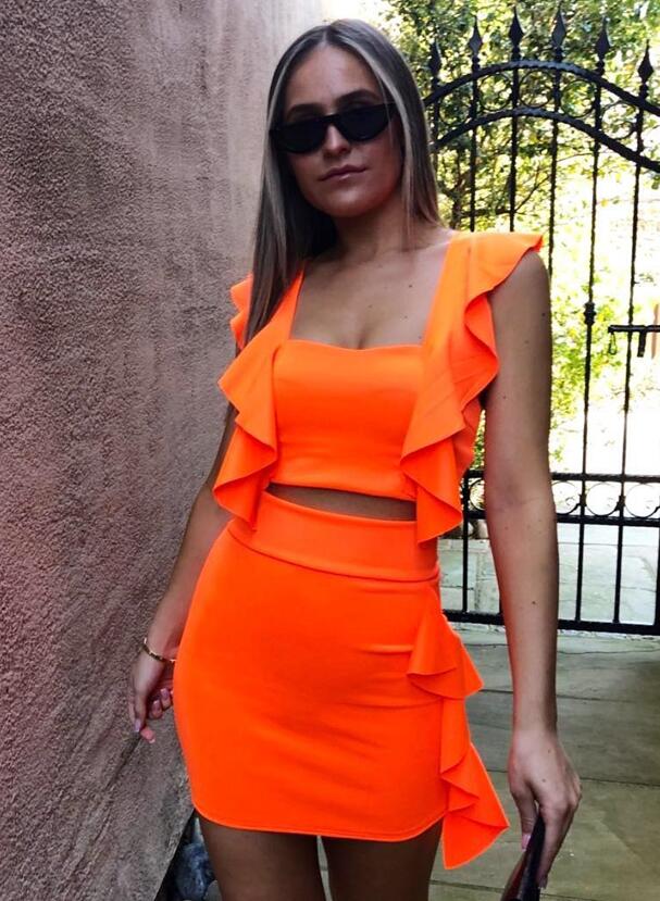 OMSJ Strand Stijl 3 Kleuren Vrouwen Zomerjurk Neon Roze Groen Oranje Ruffle Crop Top + Mini Rok sexy Night Club Outfits: XL / neon orange