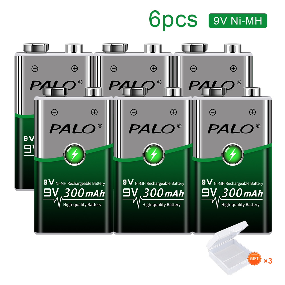 6F22 9V Ni-MH Rechargeable Battery +Smart 9v battery Charger with LED Indicator for 1.2v Nimh AA AAA Rechargeable Battery 9v: 6pcs 9v battery