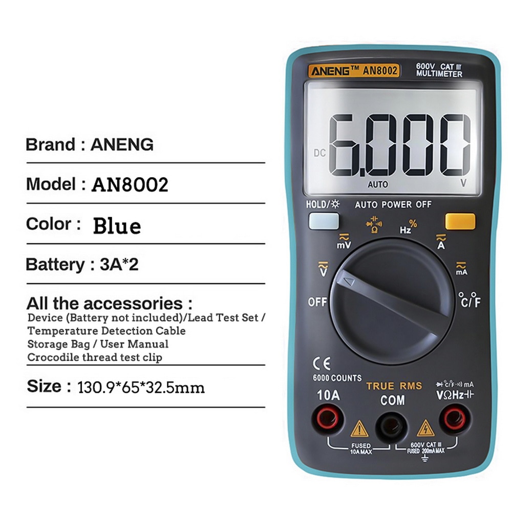 An8002 digital multimeter ac/dc spændingsmåler håndholdt multitester professionel spændingsstrøm modstand kapacitans tester